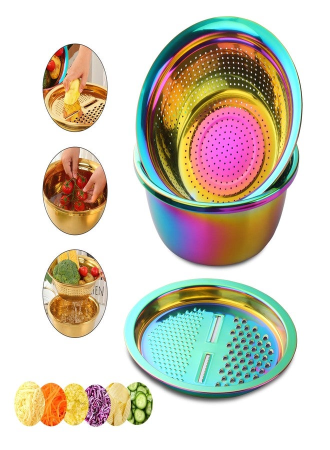 DOCBLACK Colander, 3Pcs Stainless Steel Kitchen Tool 3 in 1 Drain Basket Fruit and Vegetable Cutter Strainer Bowl Set Drain Pot Basket Grater for Fruits Vegetables Rice Washing Mixing (Iridescent) - Image 1